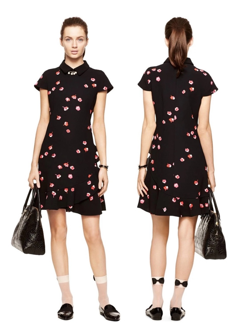 Kate Spade Black Floral Cap-Sleeve Shift Dress - Pink Floral Print